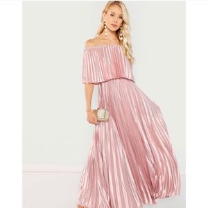 Flounce foldover off shoulder pleated dress